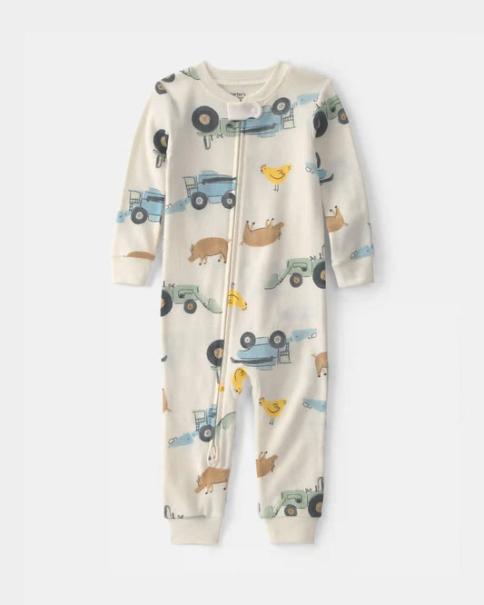 Toddler Boy Farm 100% Cotton 1-Piece Pajama - Cream
