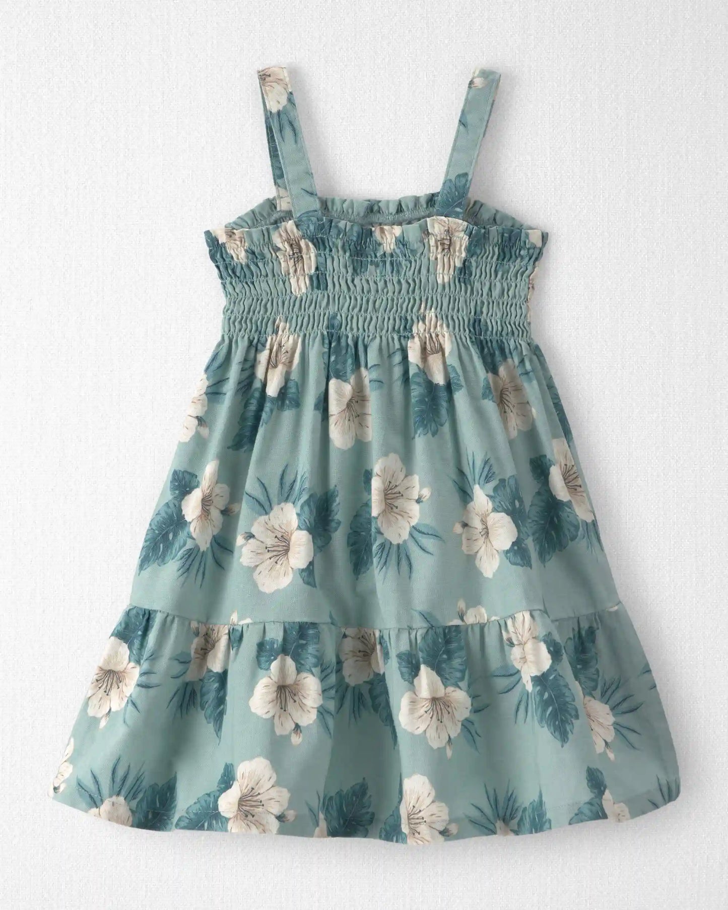 Toddler Girl Smocked Linen Dress Made with Organic Cotton in Blue Hibiscus