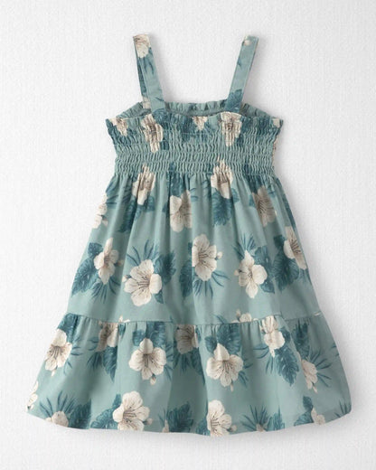 Toddler Girl Smocked Linen Dress Made with Organic Cotton in Blue Hibiscus