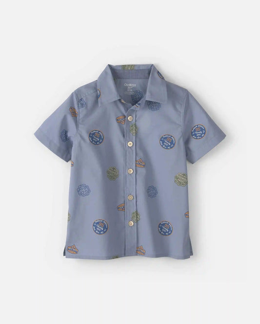 Toddler Boy Patchwork Poplin Short-Sleeve Button-Down Shirt - Blue