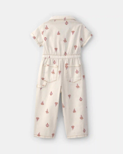 Toddler Girl Floral Short-Sleeve Twill Jumpsuit - Cream