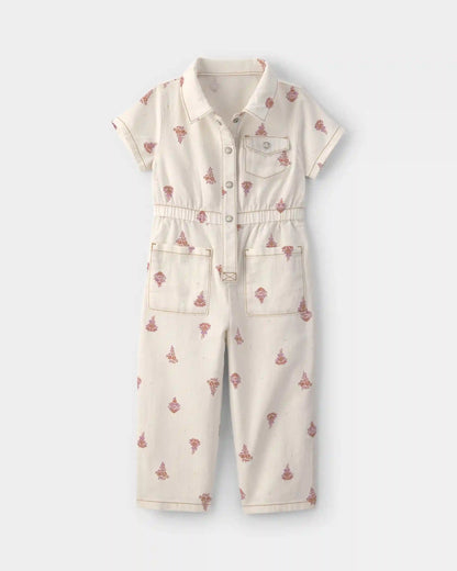Toddler Girl Floral Short-Sleeve Twill Jumpsuit - Cream
