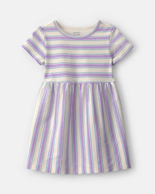 Toddler Girl Striped Short-Sleeve Dress - Purple/Ivory