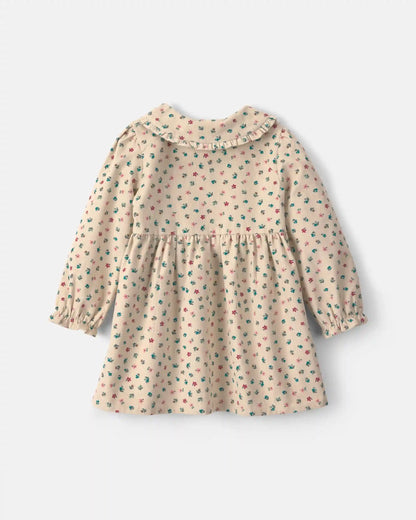 Toddler Girl Floral Collared Corduroy Long-Sleeve Dress - Cream