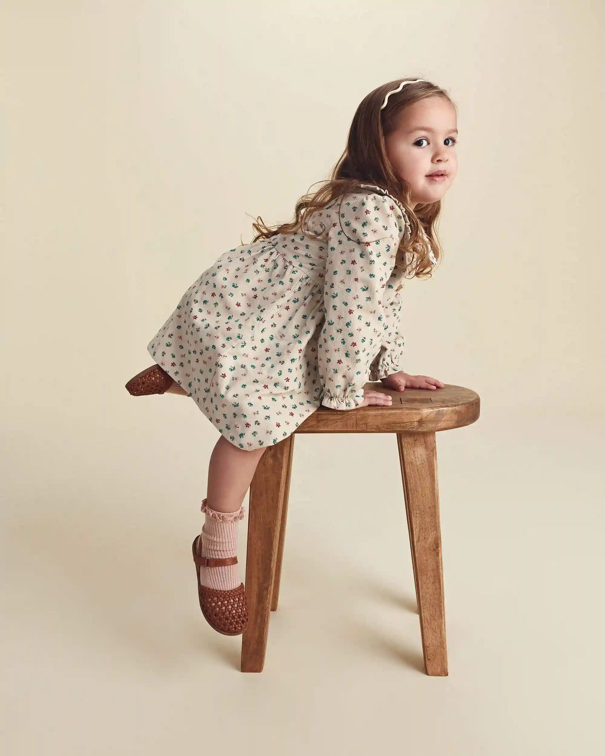 Toddler Girl Floral Collared Corduroy Long-Sleeve Dress - Cream