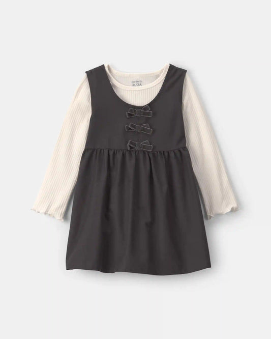 Toddler Girl 2-Piece Bow Twill Long-Sleeve Dress Set - Black/Cream