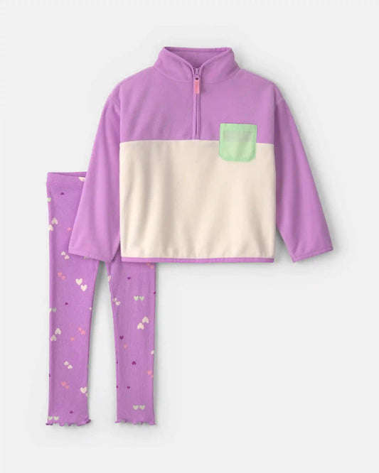 Toddler Girl 2-Piece Heart Fleece Long-Sleeve Top & Pant Set - Purple/Cream