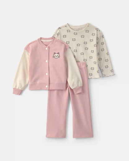 Toddler Girl 3-Piece Cat French Terry Long-Sleeve Layering Set - Pink/White