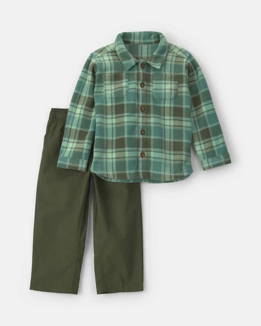 Toddler Boy 2-Piece Plaid Fleece Jacket & Pant Set - Green