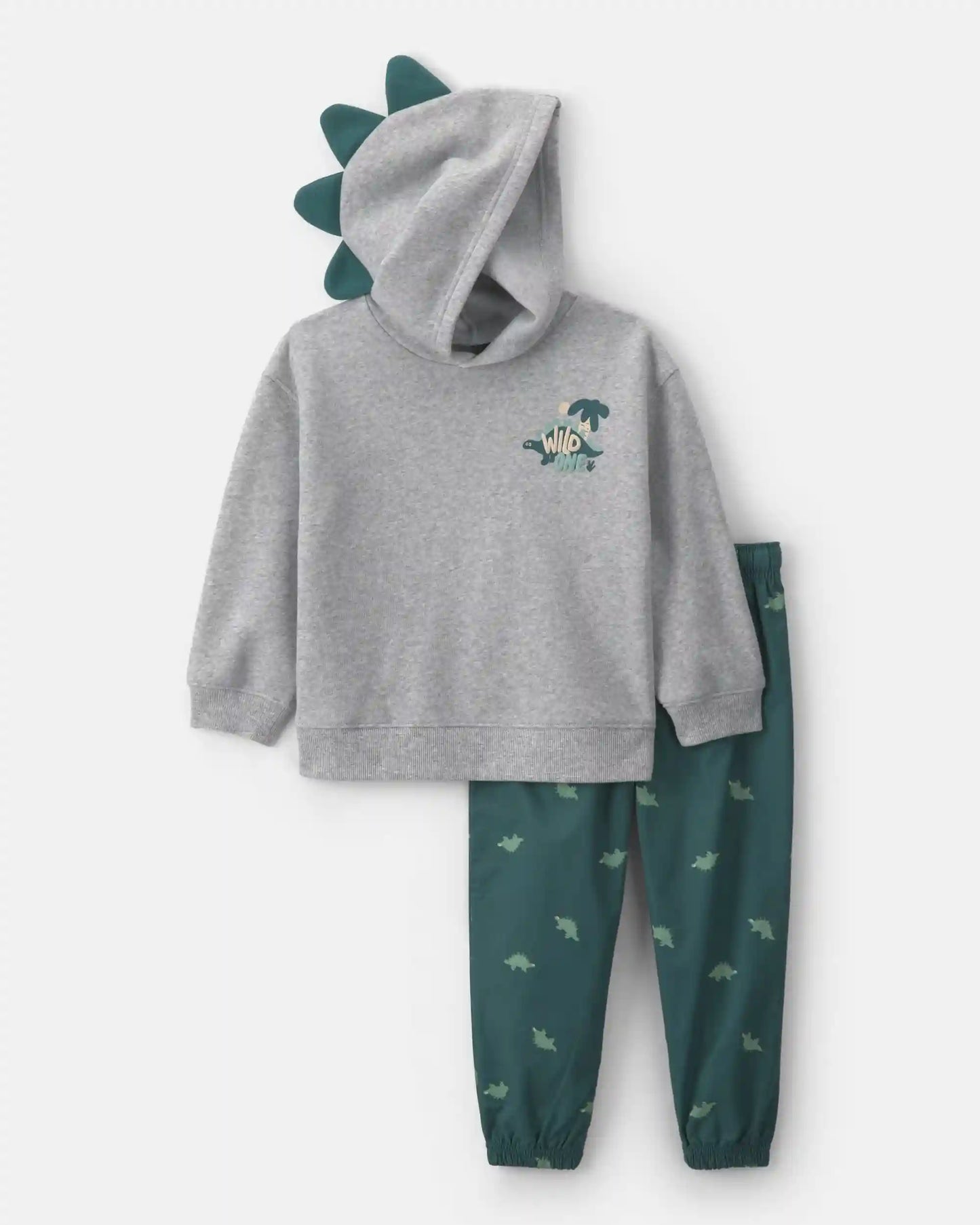 Toddler Boy 2-Piece Dinosaur Fleece Hooded Top & Pant Set - Grey/Green
