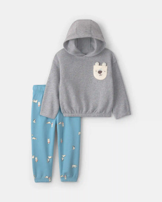 Toddler Boy 2-Piece Polar Bear Fleece Hoodie Top & Pant Set - Grey/Blue