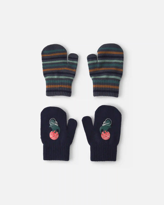 Toddler Boy 2-Pack Astronaut Dinosaur Striped Mittens - Black/Blue