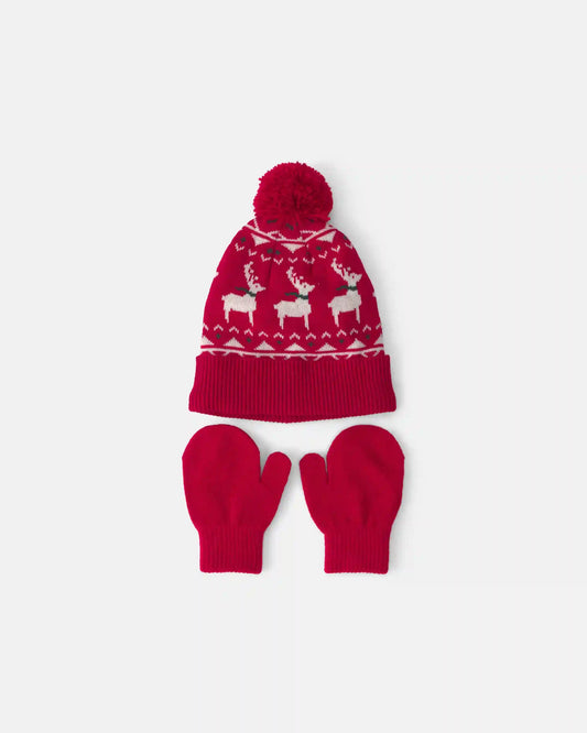 Toddler 2-Piece Fair Isle Christmas Beanie & Glove Set - Red