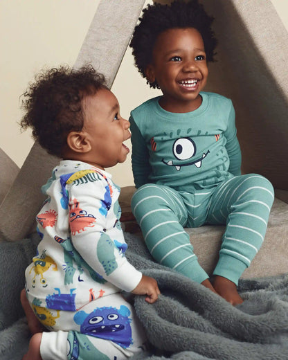 Toddler Boy 4-Piece Monster 100% Cotton Snug Fit Pajama Set - Teal/Cream