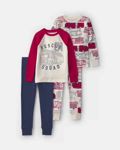 Toddler Boy 4-Piece 'Rescue Squad' 100% Cotton Snug Fit Pajama Set - Red/Cream