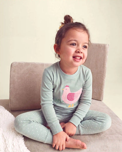 Toddler Girl 4-Piece Country Chicken 100% Cotton Snug Fit Pajama Set - Green/Cream