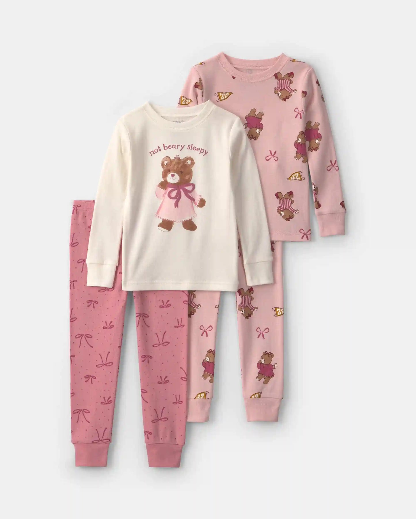Toddler Girl 4-Piece Bear Varsity 100% Cotton Snug Fit Pajama Set - Pink/Cream
