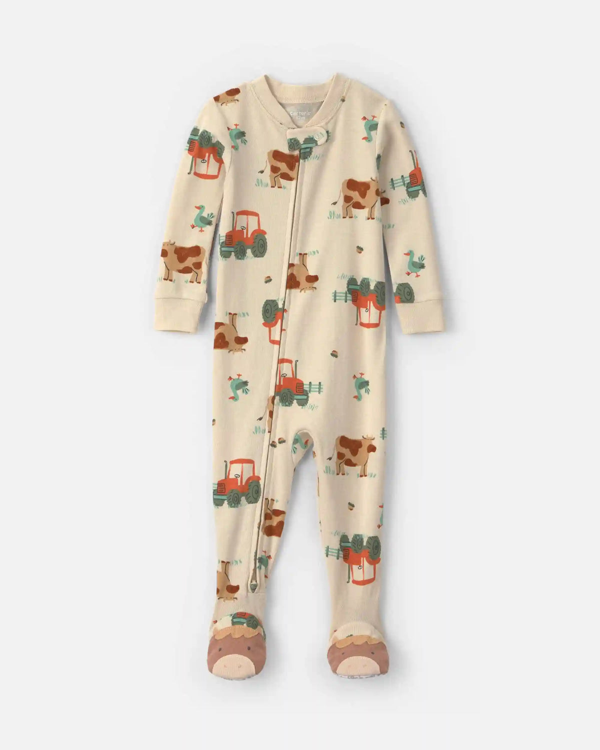 Toddler Boy 1-Piece Farm 100% Cotton Snug Fit Footed Pajama - Beige