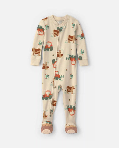 Toddler Boy 1-Piece Farm 100% Cotton Snug Fit Footed Pajama - Beige