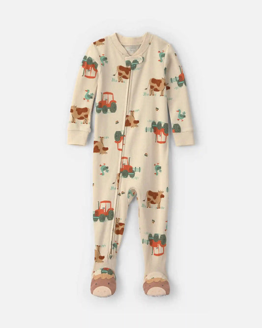 Toddler Boy 1-Piece Farm 100% Cotton Snug Fit Footed Pajama - Beige