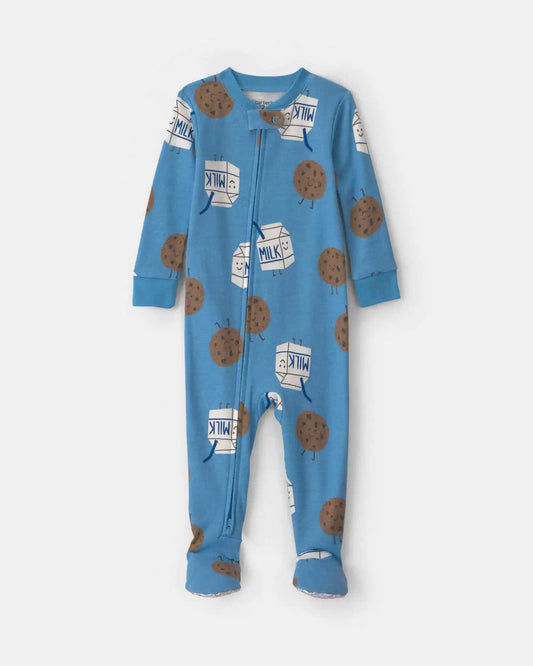 Toddler Boy 1-Piece Milk & Cookies 100% Cotton Snug Fit Footed Pajama - Blue