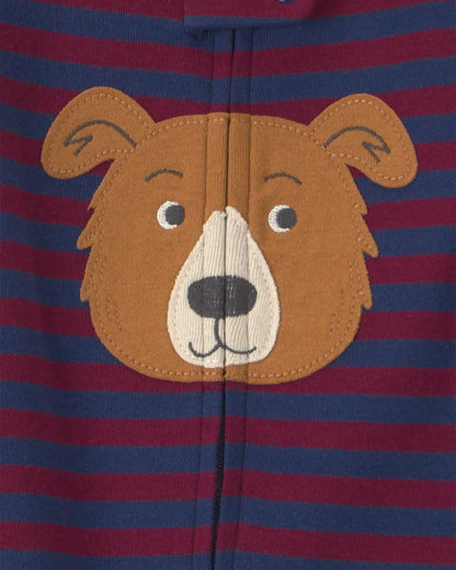 Toddler Boy 1-Piece Dog Striped 100% Cotton Snug Fit Footed Pajama - Burgundy/Blue