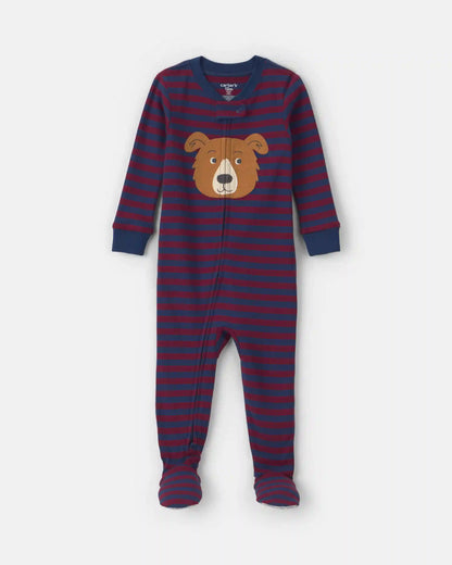 Toddler Boy 1-Piece Dog Striped 100% Cotton Snug Fit Footed Pajama - Burgundy/Blue