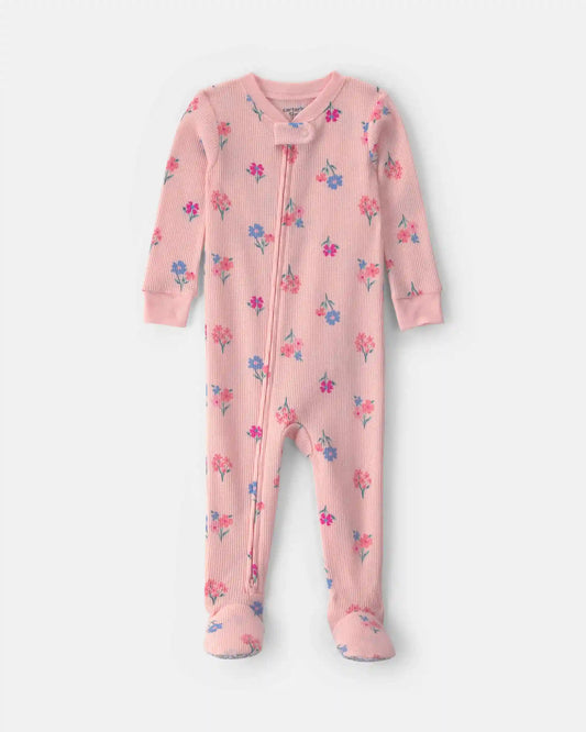 Toddler Girl 1-Piece Floral Thermal Waffle Knit Footed Pajama - Pink