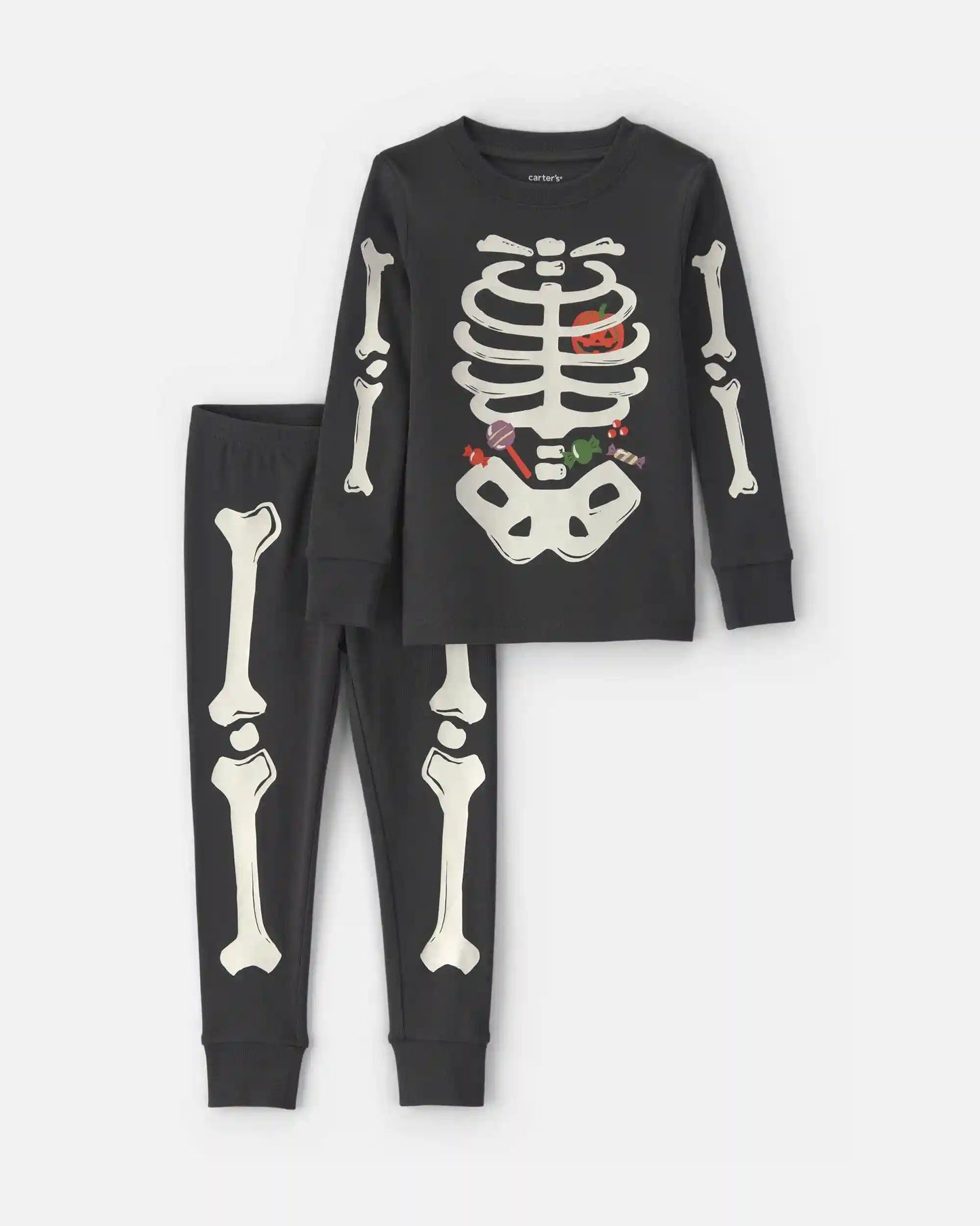 Toddler 2-Piece Halloween Glow in the Dark Skeleton 100% Cotton Snug Fit Pajama Set - Charcoal