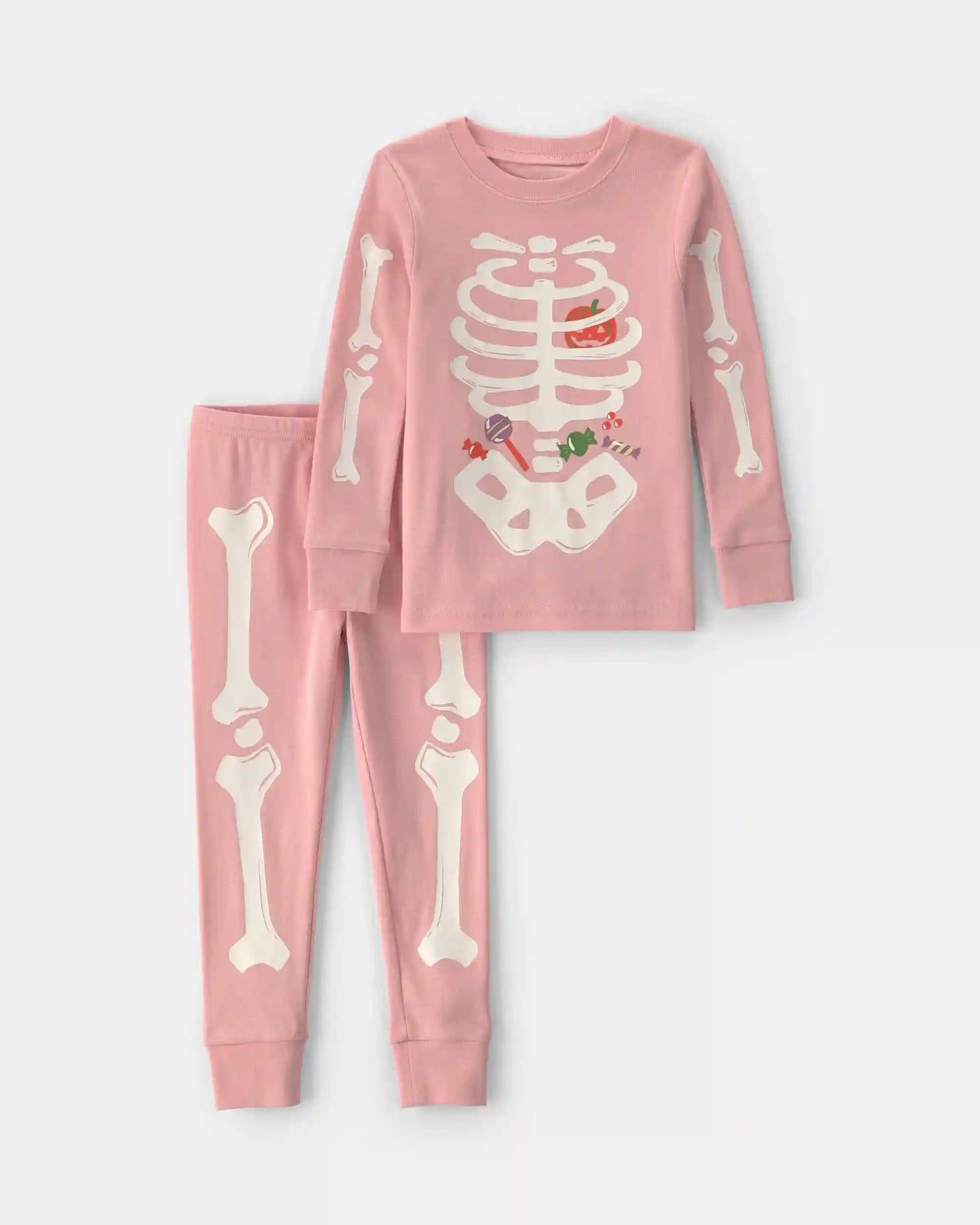 Toddler Girl 2-Piece Halloween Glow in the Dark Skeleton 100% Cotton Snug Fit Pajama Set - Pink