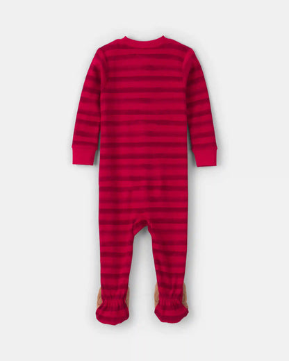 Toddler 1-Piece Striped Reindeer 100% Cotton Snug Fit Footed Pajama - Red