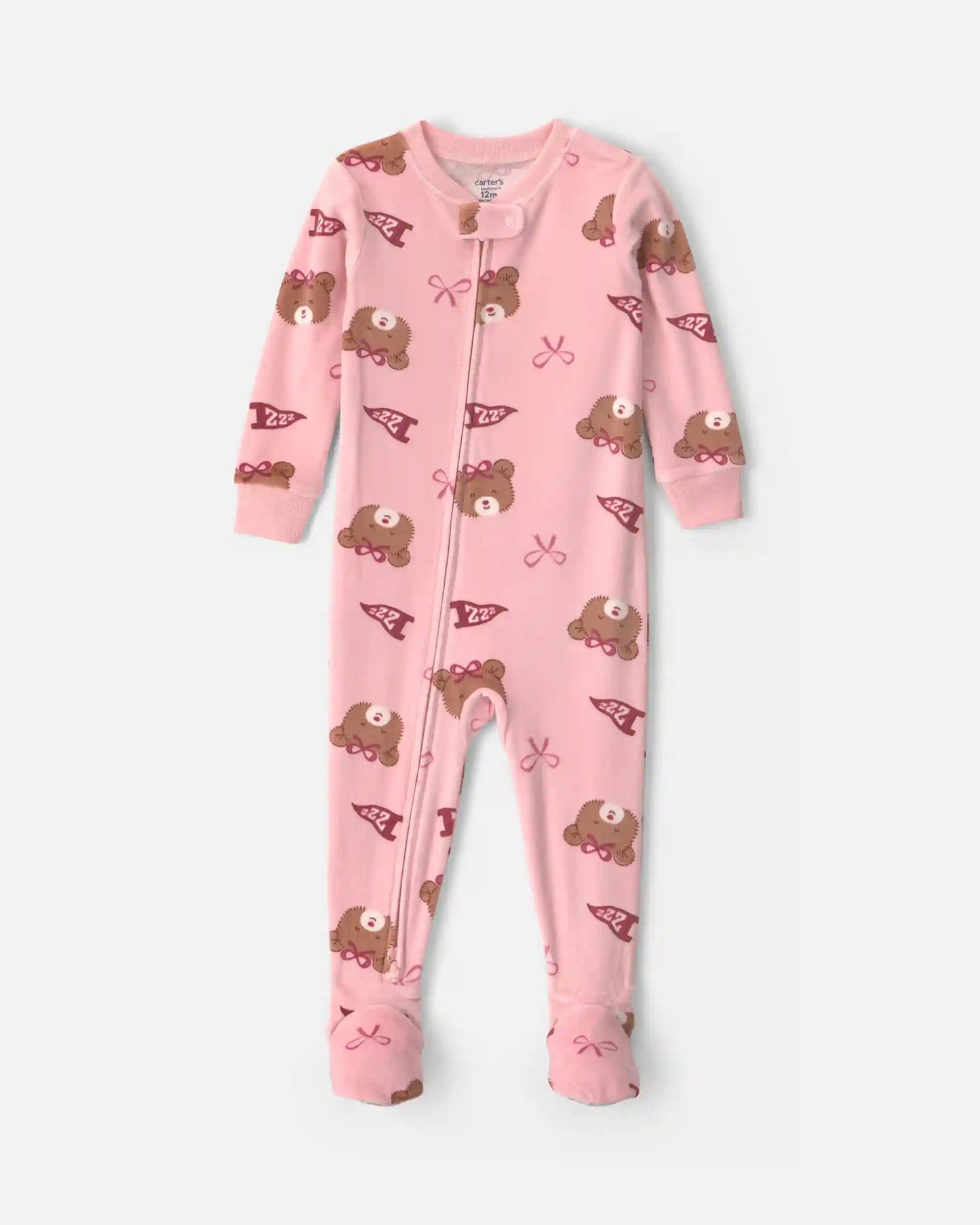 Toddler Girl 1-Piece Bears & Bows DreamPlush Snug Fit Footed Pajama - Pink
