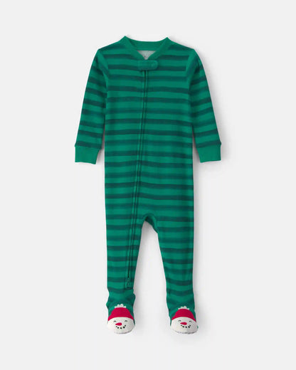 Toddler 1-Piece Striped Snowman 100% Cotton Snug Fit Footed Pajama - Green
