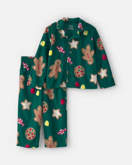 Toddler 2-Piece Christmas Gingerbread Fleece Loose Fit Pajama Set - Green
