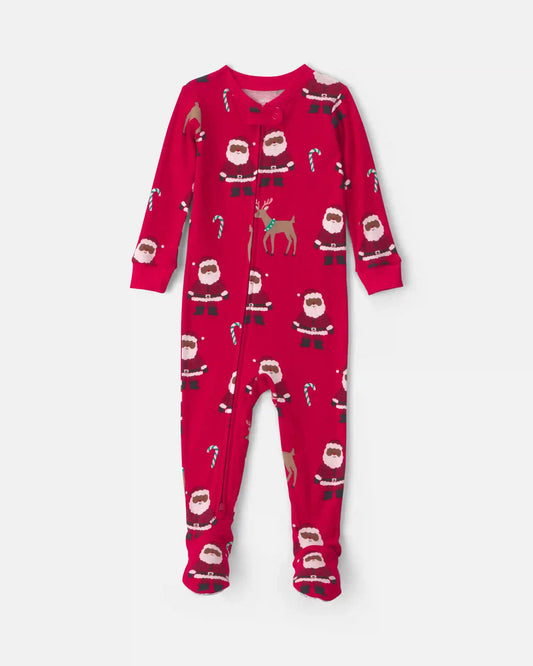 Toddler 1-Piece Brown Santa Christmas 100% Cotton Snug Fit Footed Pajama - Red