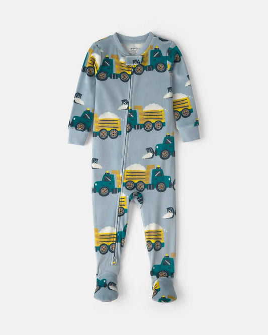 Toddler Boy 1-Piece Snow Trucks DreamPlush Snug Fit Footed Pajama - Blue