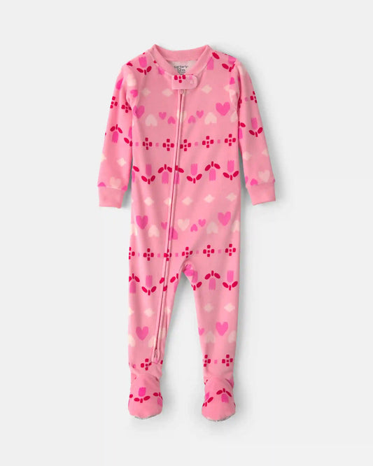 Toddler Girl 1-Piece Heart Fair Isle DreamPlush Snug Fit Footed Pajama - Pink
