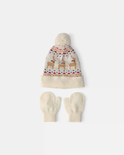 Toddler 2-Piece Fair Isle Christmas Beanie & Glove Set - Cream