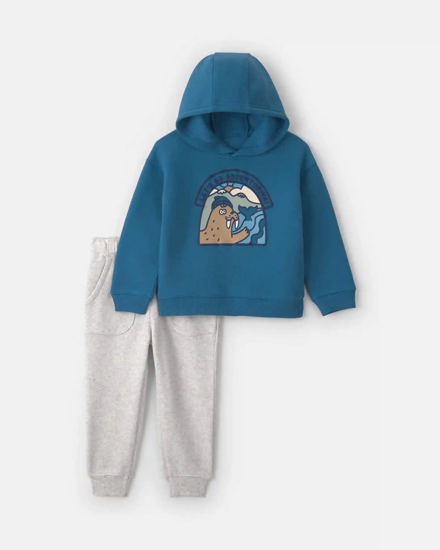 Toddler Boy 2-Piece Walrus Fleece Hoodie & Pant Set - Blue/Grey