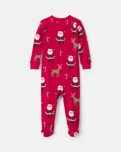Toddler 1-Piece Beige Santa Christmas 100% Cotton Snug Fit Footed Pajama - Red