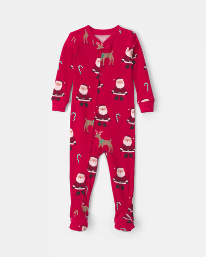 Toddler 1-Piece Beige Santa Christmas 100% Cotton Snug Fit Footed Pajama - Red