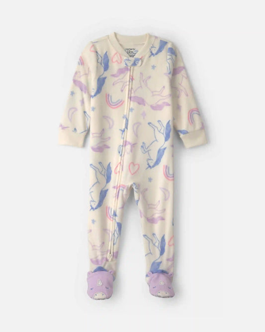 Toddler Girl 1-Piece Unicorn Fleece Loose Fit Footed Pajama - Cream