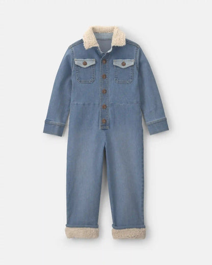 Toddler Boy Teddy Fleece Long-Sleeve Denim Jumpsuit - Medium Wash