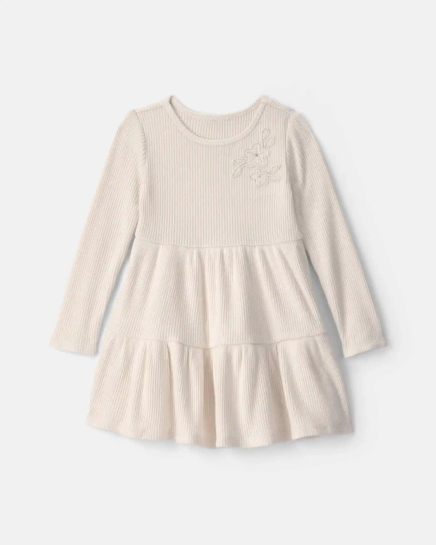 Toddler Girl Flower Ribbed Long-Sleeve Dress - Cream