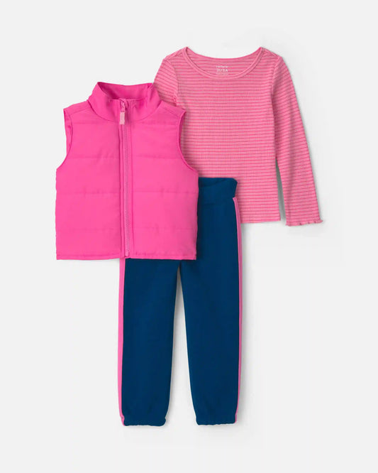 Toddler Girl 3-Piece Striped Poplin Long-Sleeve Layering Set - Pink/Navy Blue