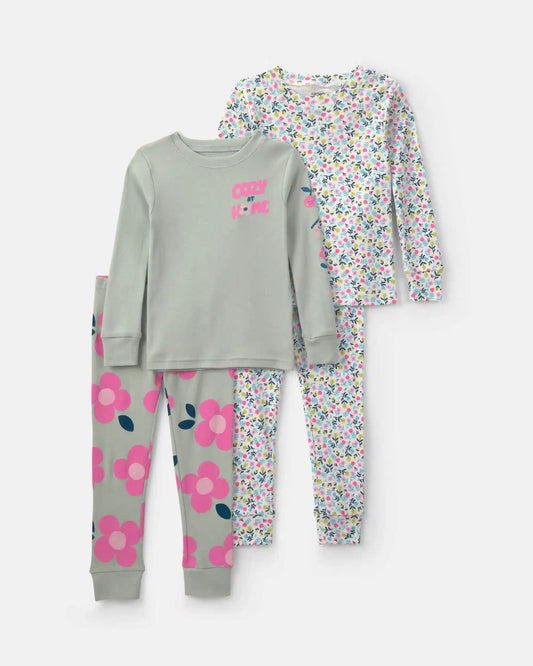 Toddler Girl 'Cozy at Home' Floral Cotton Snug Fit 4-Piece Pajama Set - Green/Pink