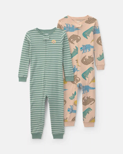 Toddler Boy 2-Pack Dinosaur Striped Cotton Snug Fit 1-Piece Pajama - Green/Khaki