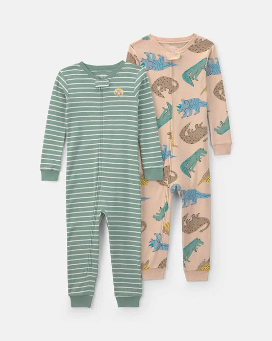 Toddler Boy 2-Pack Dinosaur Striped Cotton Snug Fit 1-Piece Pajama - Green/Khaki