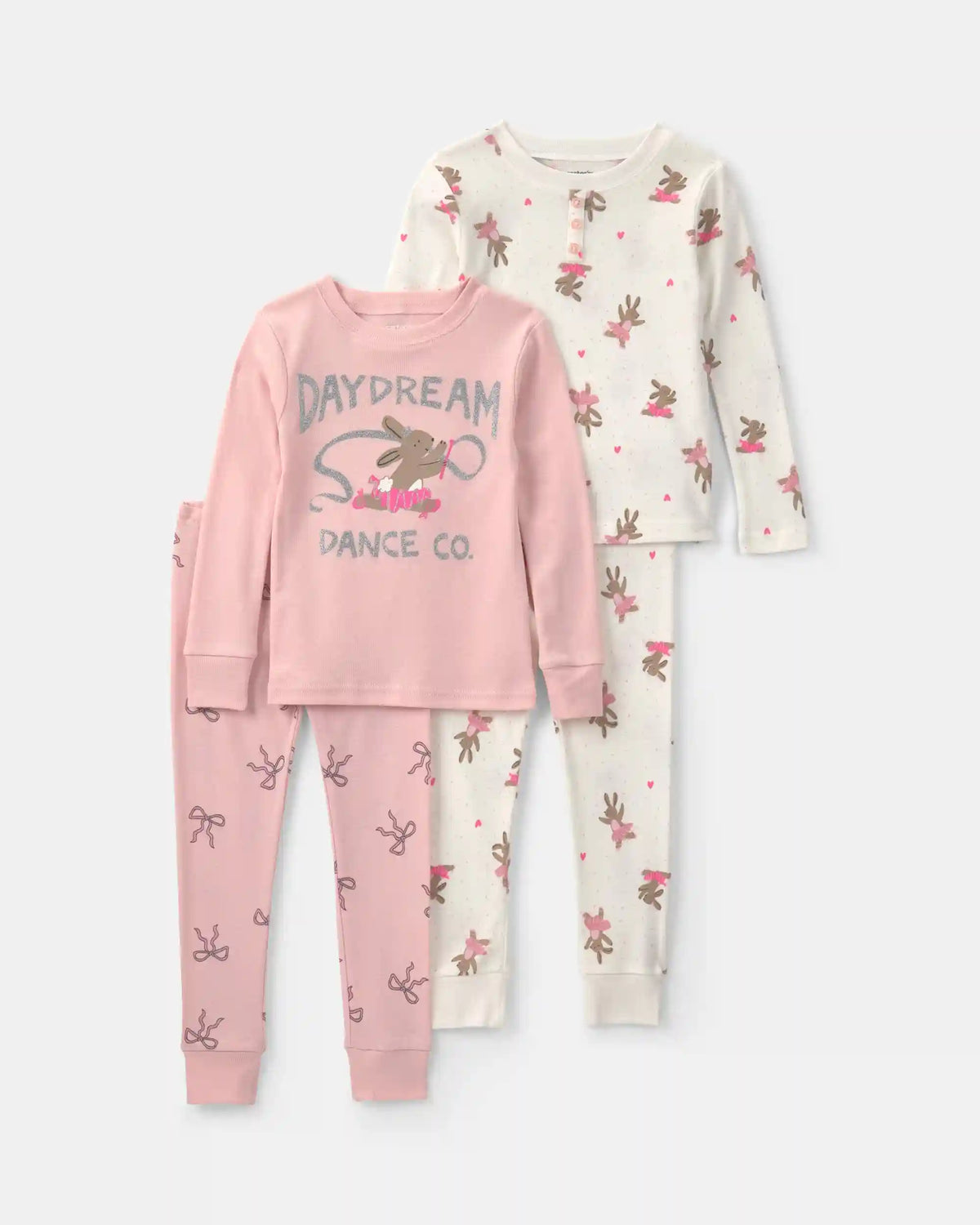 Toddler Girl Ballerina Bunny Cotton Snug Fit 4-Piece Pajama Set - Pink/White