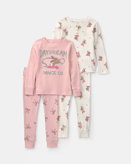 Toddler Girl Ballerina Bunny Cotton Snug Fit 4-Piece Pajama Set - Pink/White